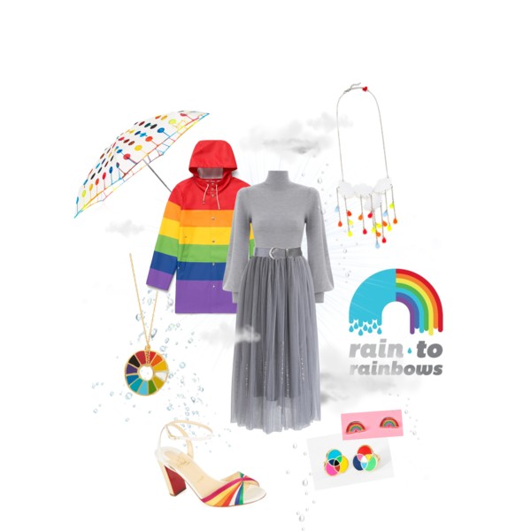 outfit set: a longsleeve grey sweater under a midi-length grey chiffon skirt, surrounded by rainbow-coloured rain-themed accessories (a raincoat, umbrella, varous items of jewelry), a colourful graphic that says 'rain to rainbows', sparse clouds and raindrops in the background; very quirky ModCloth vibes